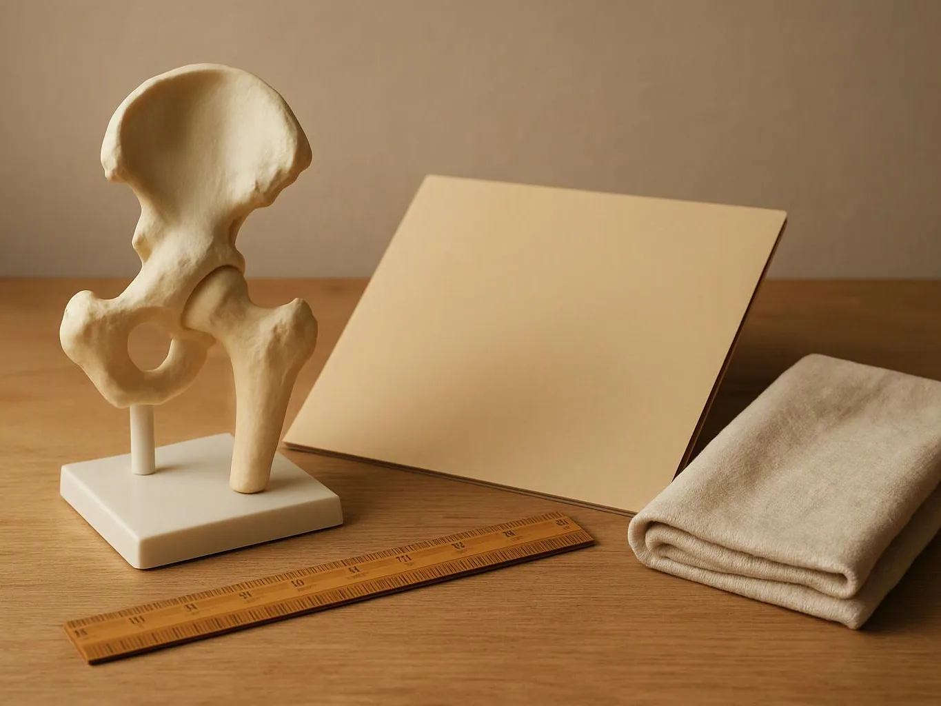 A hip bone model stands beside a blank board, folded cloth, and ruler on a wooden table