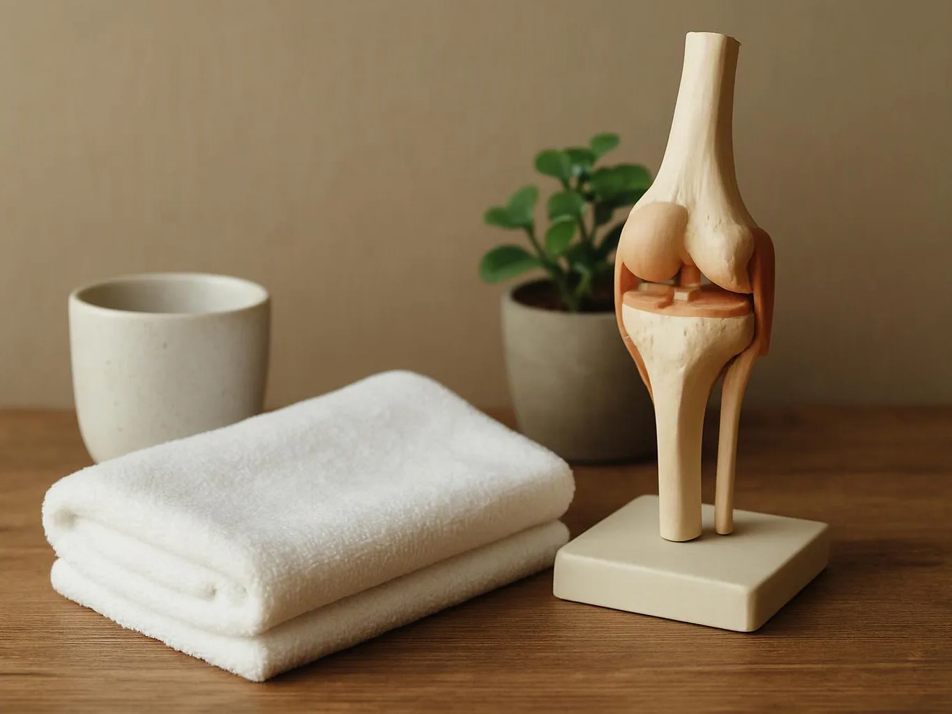 A knee joint model sits beside folded white towels, a cup, and a small potted plant on a wooden table