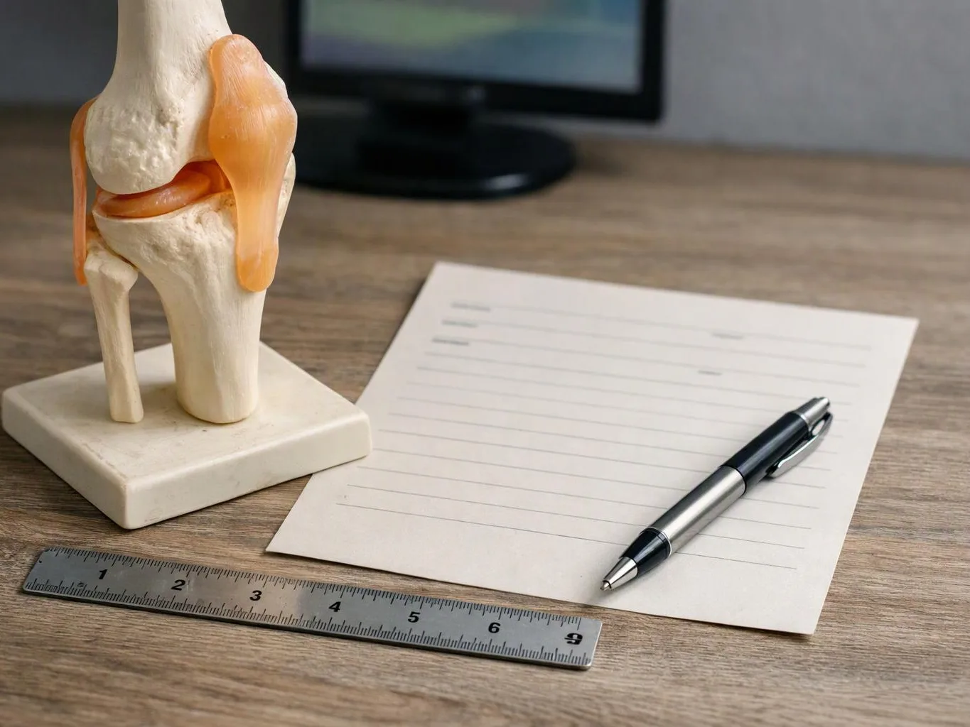 A knee joint model sits beside lined paper, a pen, and a ruler on a wooden desk