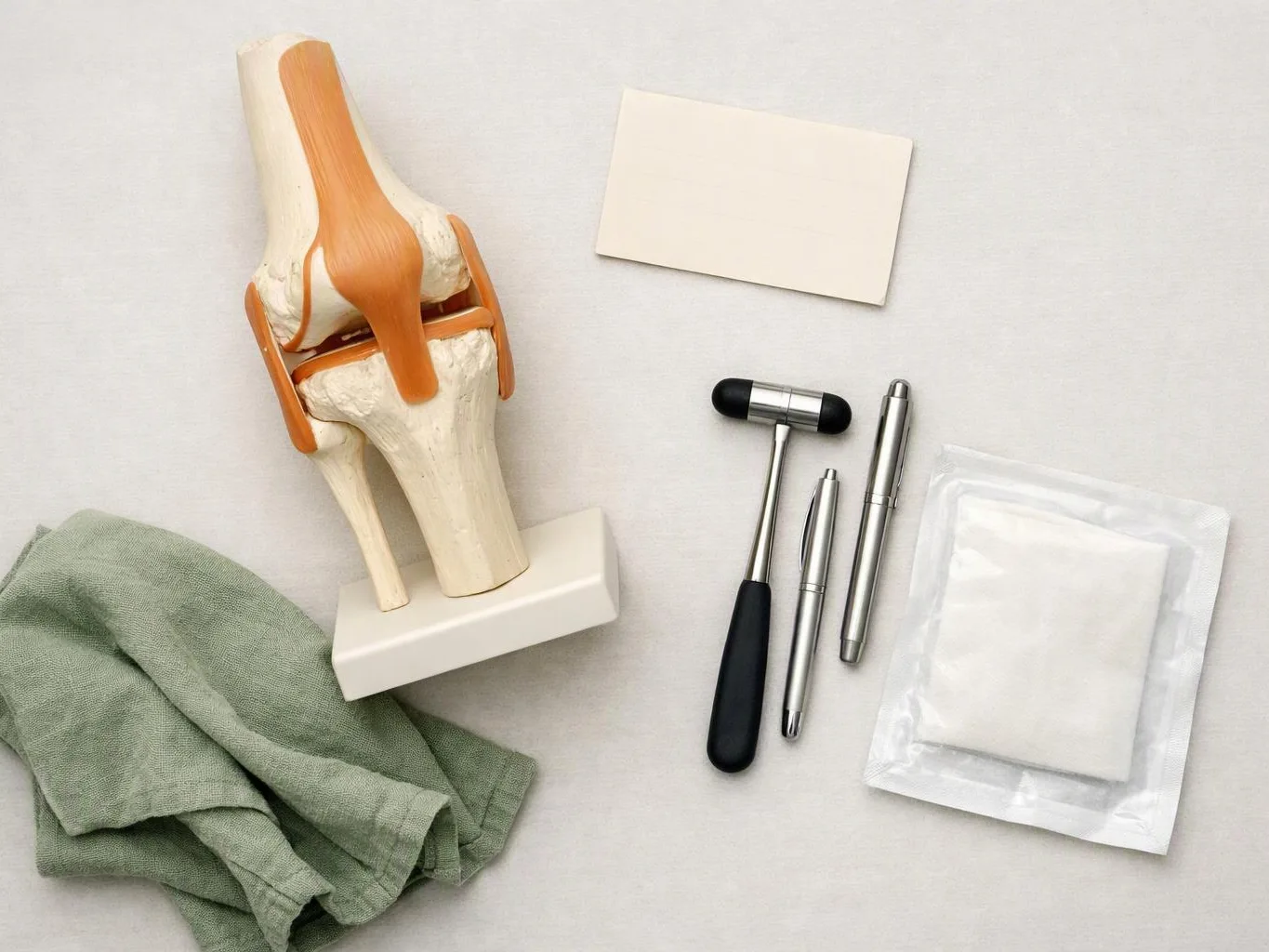A knee joint model sits beside pens, a cloth, and a blank card on a light surface