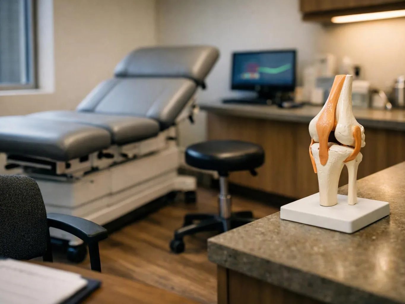 A knee joint model sits on a counter in a medical exam room with an exam table and stool nearby