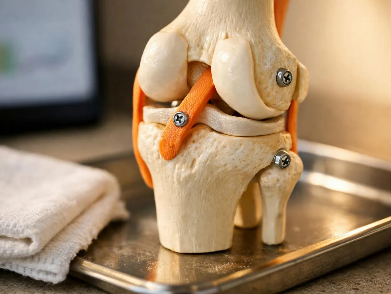 A knee joint model sits on a metal tray beside a folded white towel
