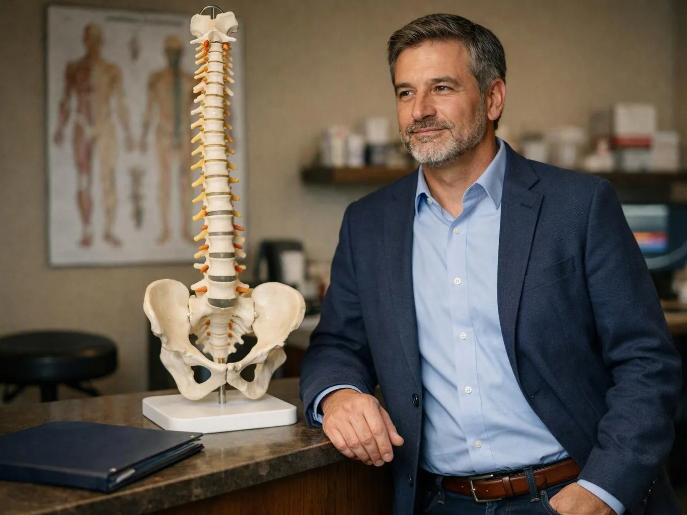A man in a blue blazer stands beside a spine and pelvis model in a medical office