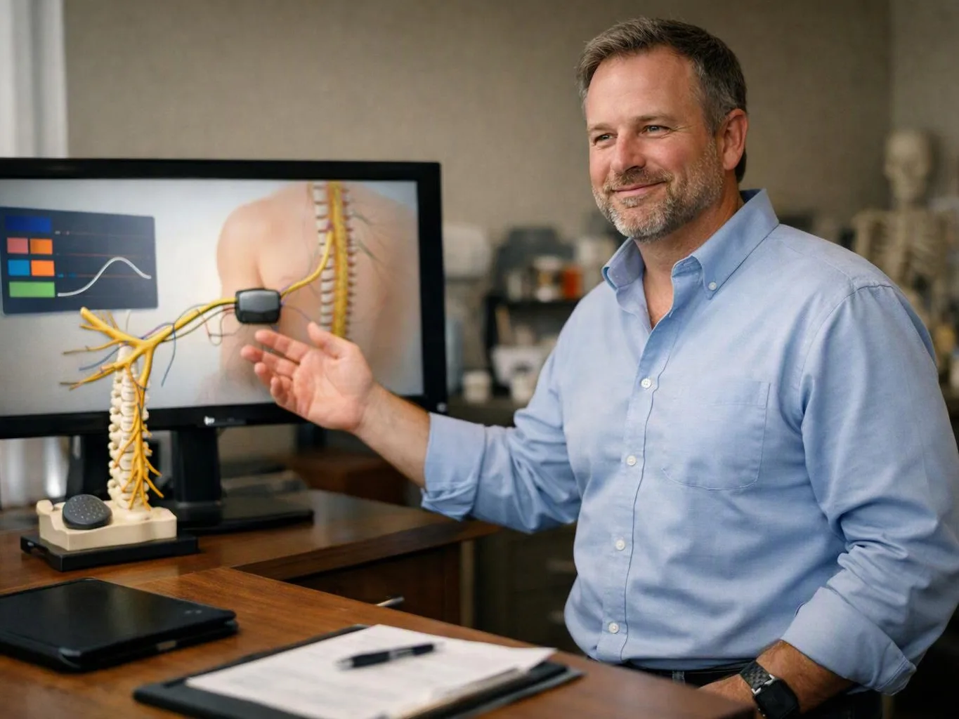 A man in a blue shirt gestures at a spine model and medical display in a clinic office