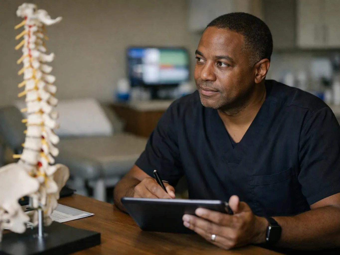 A man in dark scrubs writes on a tablet at a desk beside a spine model in a clinic room
