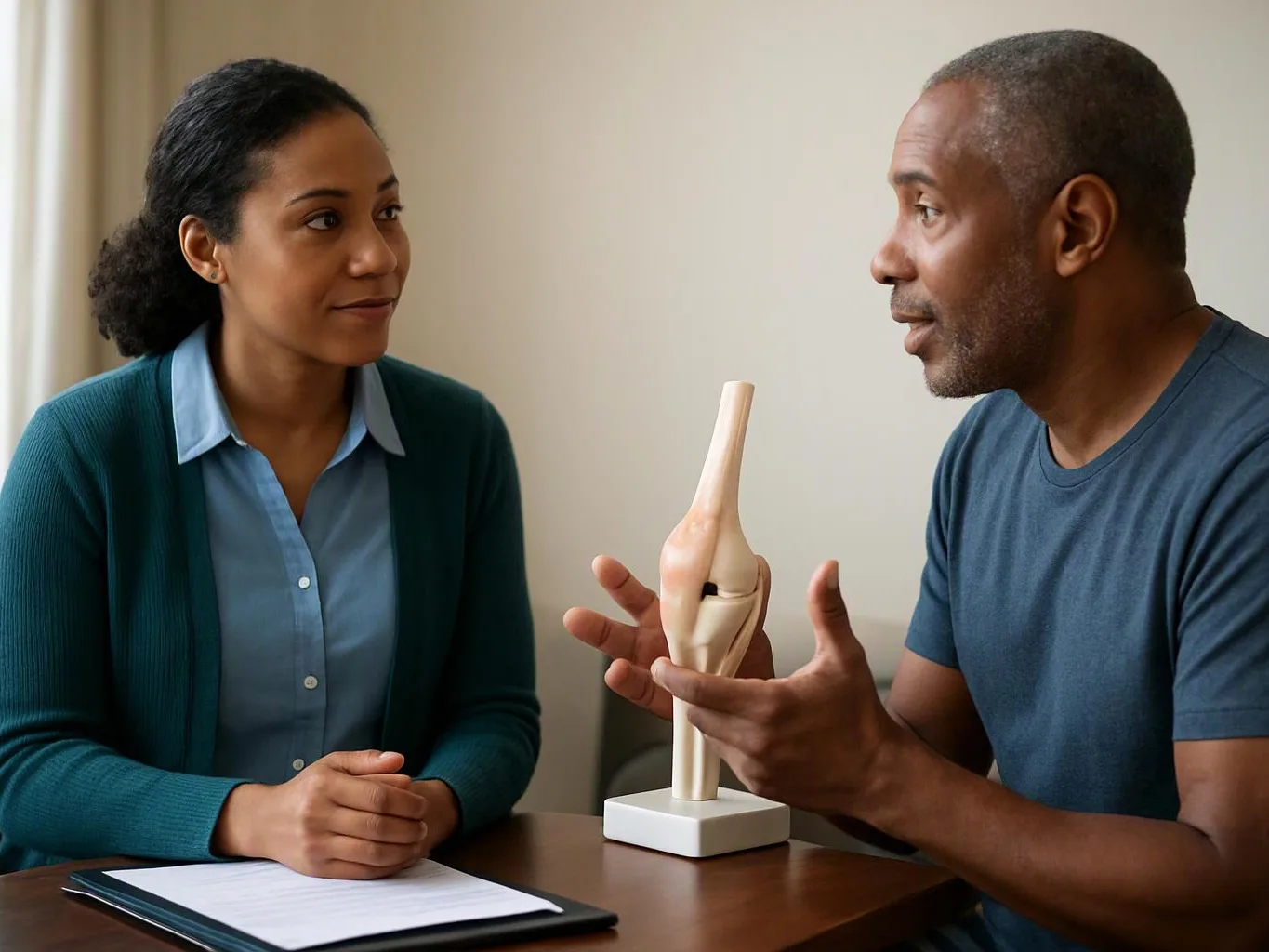 A man explains a knee model to a woman across a table in a bright room