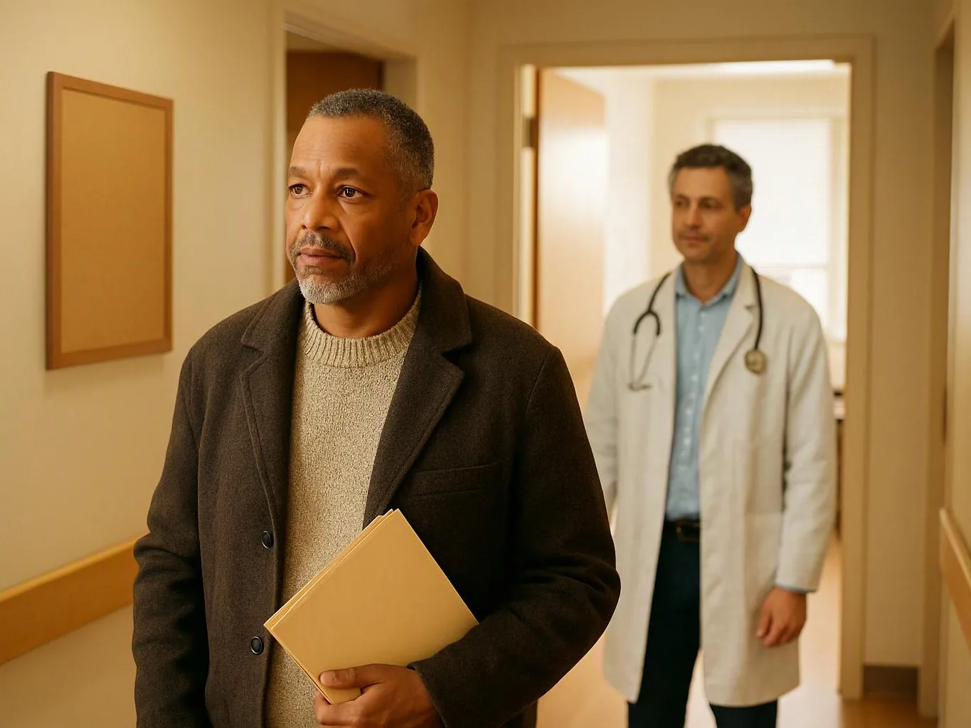 A man holding a folder stands in a hallway while a doctor follows behind him
