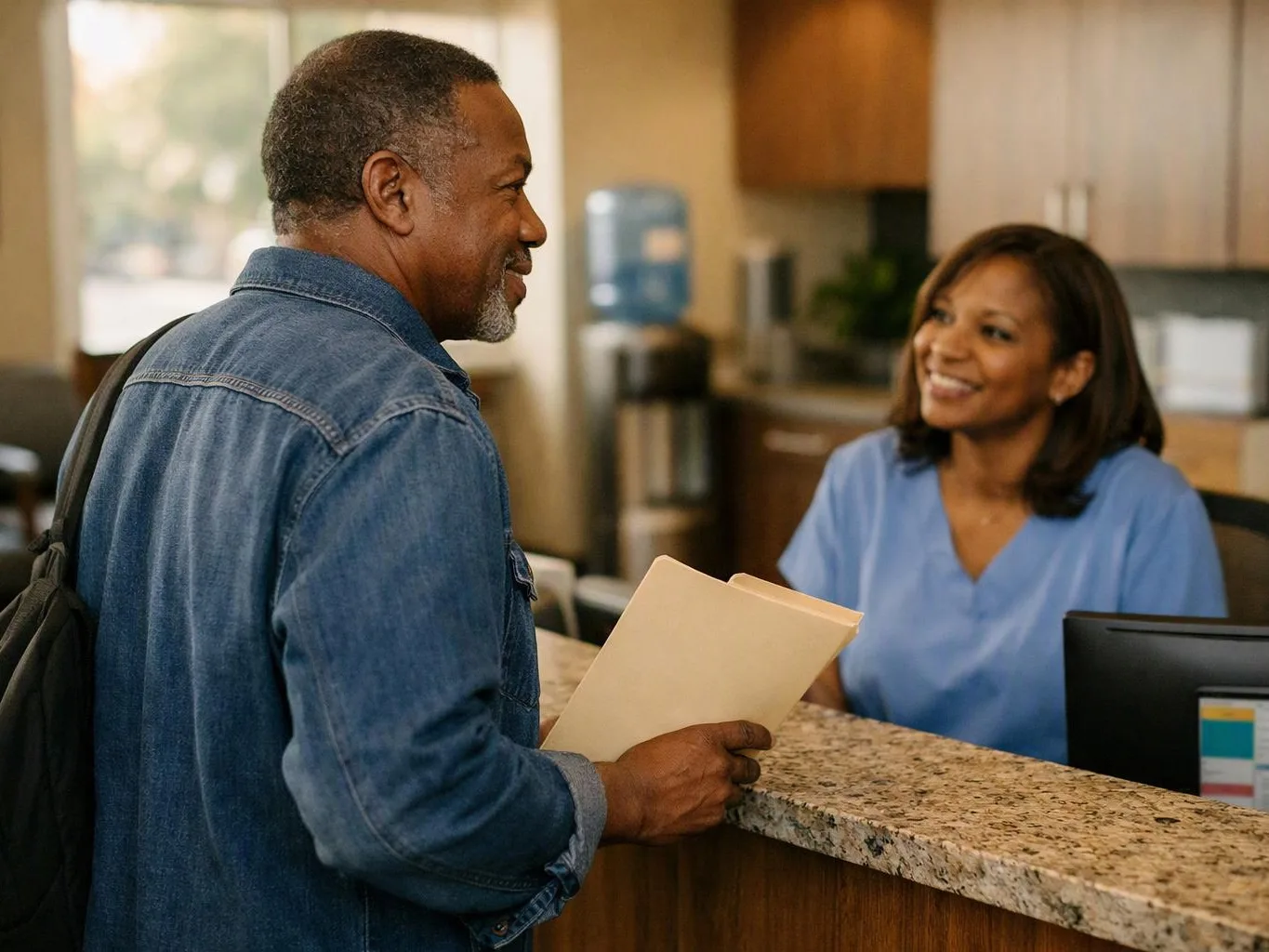A man holding papers smiles while talking with a nurse at a clinic reception desk