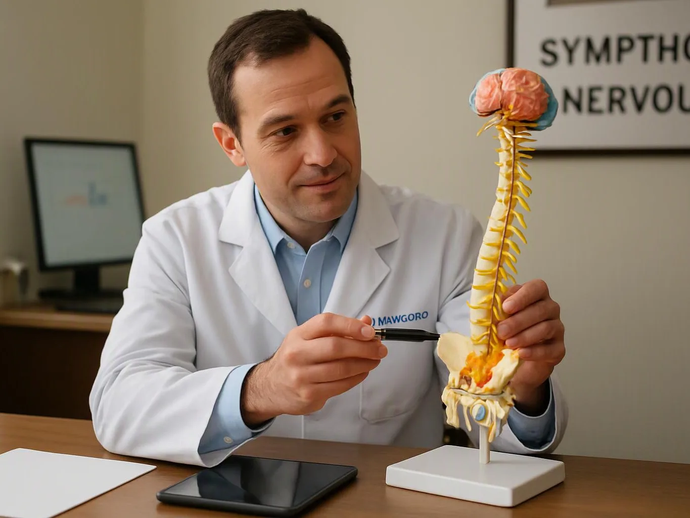 A man in a lab coat points at a spine model on a desk in an office