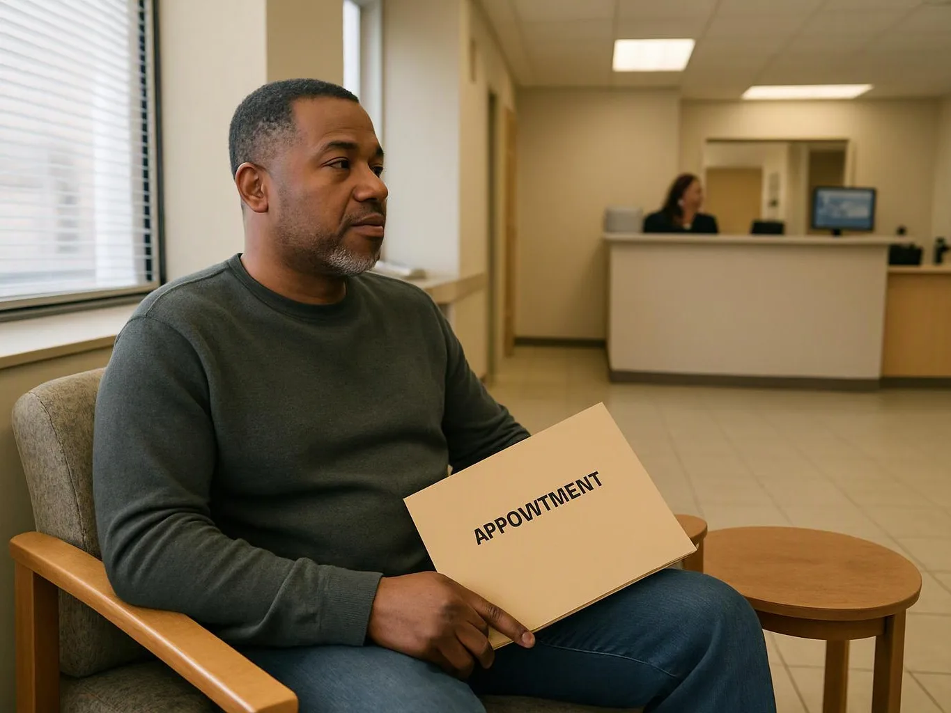 A man sits in a waiting room holding an appointment folder, with a reception desk behind him