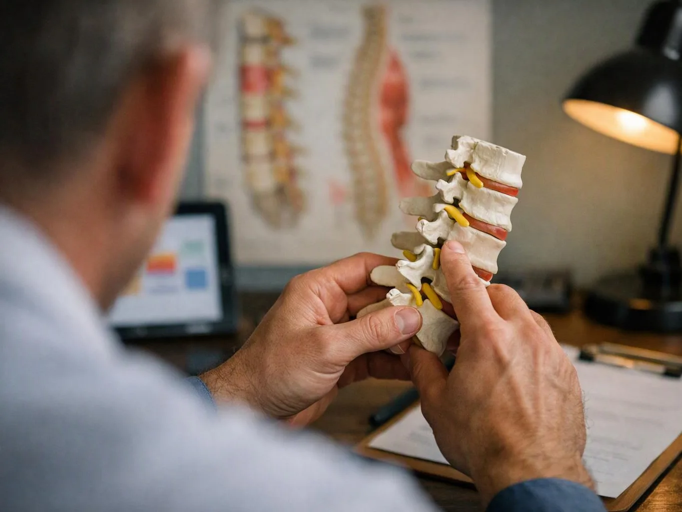 A man studies a plastic spine model at a desk with a lamp and anatomy poster behind him