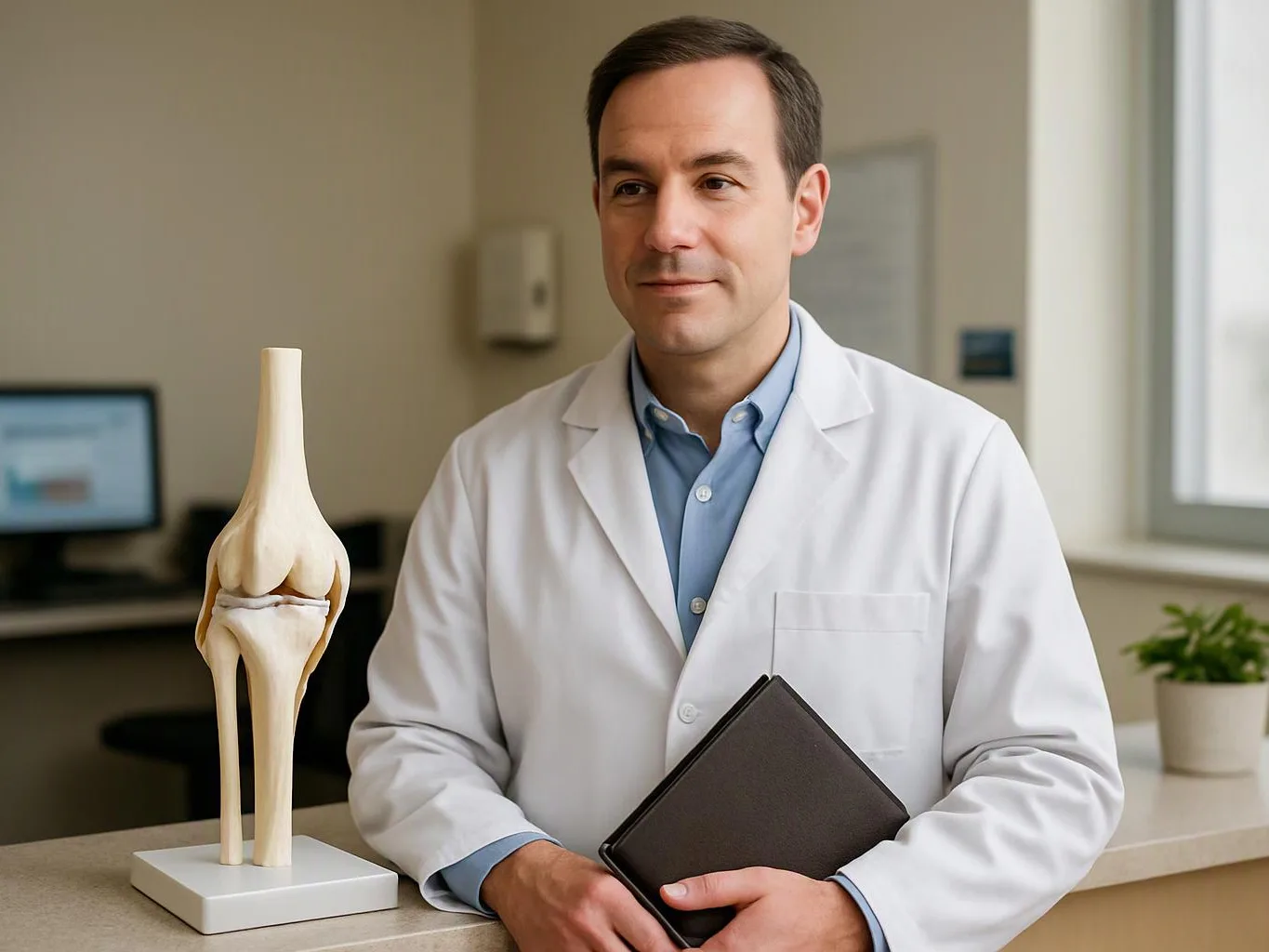 A man in a white lab coat stands by a knee model, holding a black folder in a clinic office