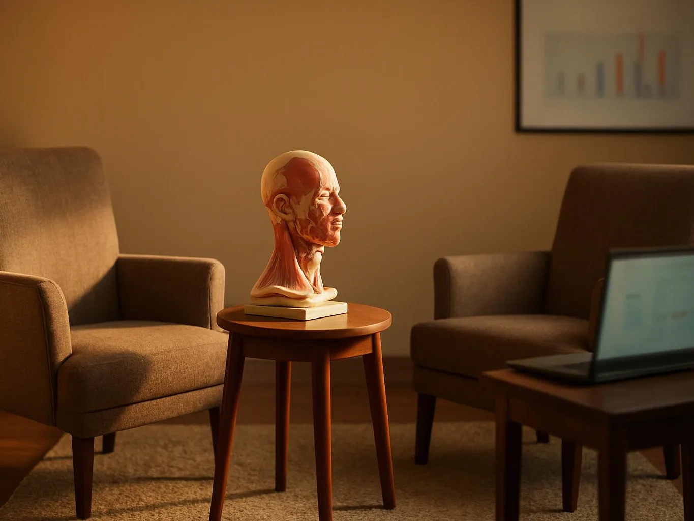A medical anatomy bust sits on a small round table between two armchairs in a warm room