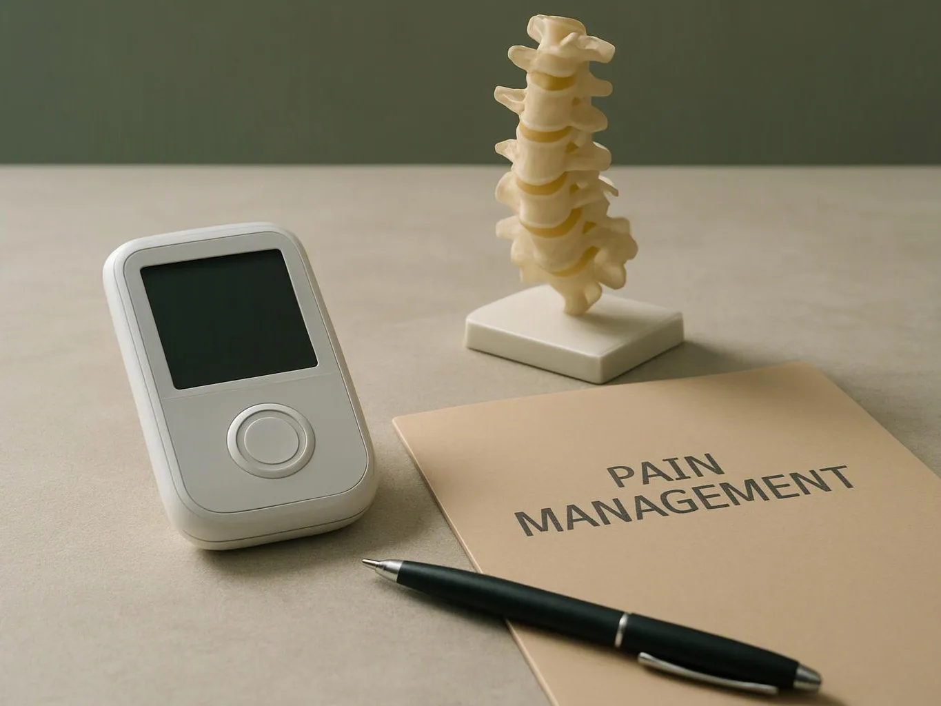 A medical device, spine model, pen, and folder labeled “PAIN MANAGEMENT” sit on a beige table