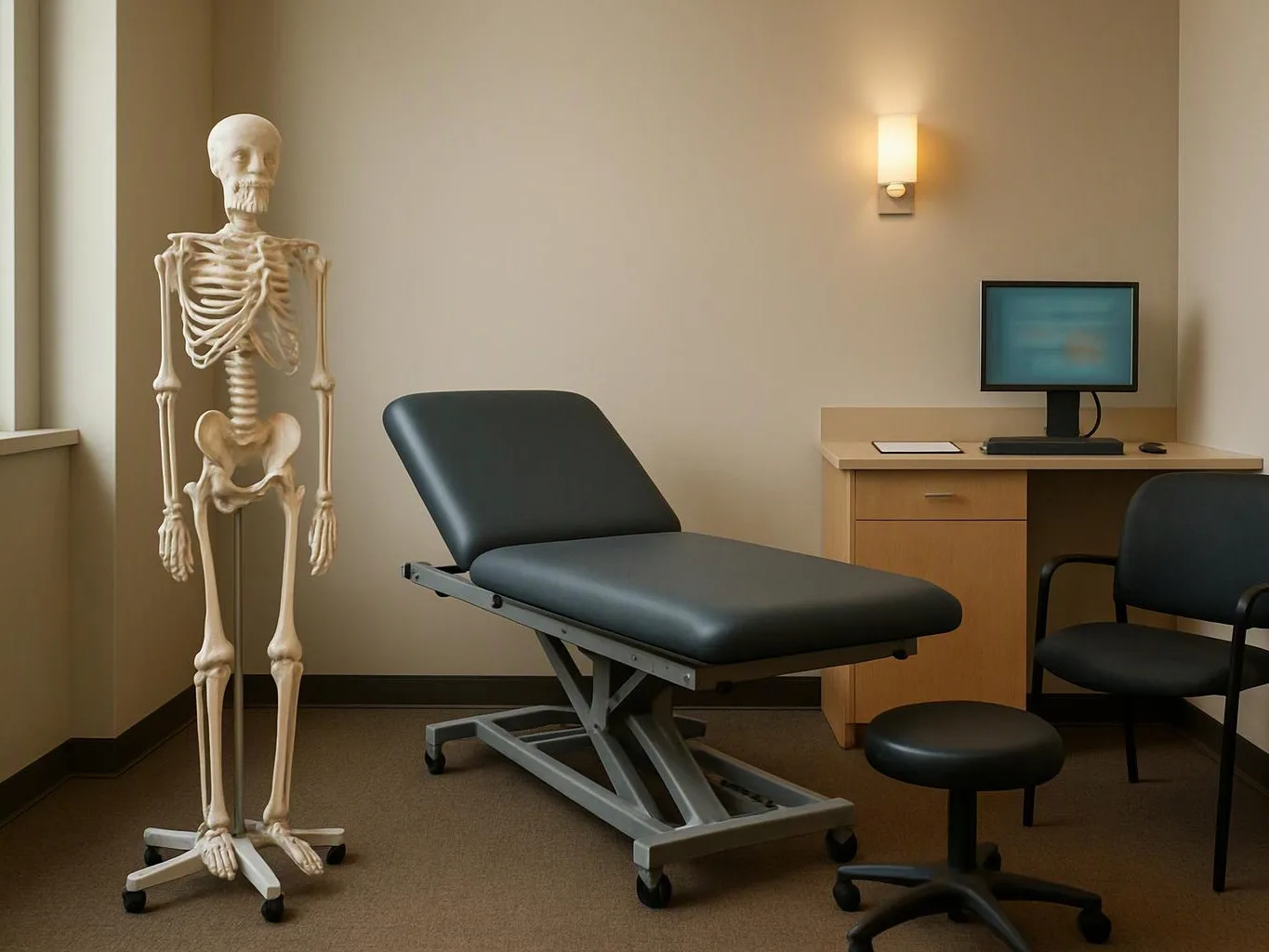 A medical exam room shows a skeleton model, an exam table, a desk with a monitor, and chairs