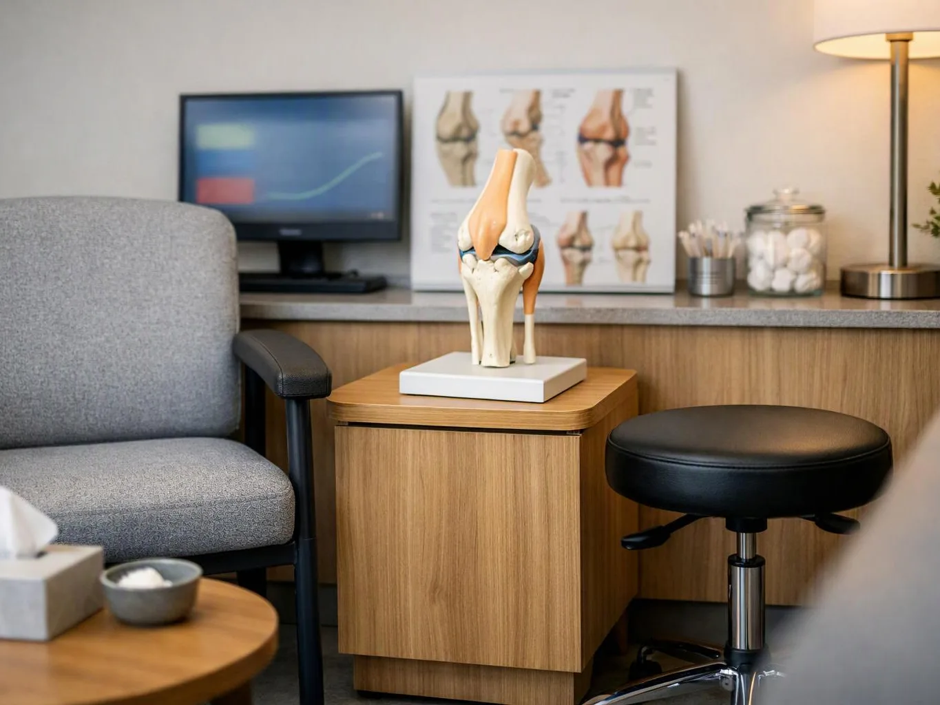 A medical office room shows a knee joint model on a cabinet beside chairs, a monitor, and anatomy posters