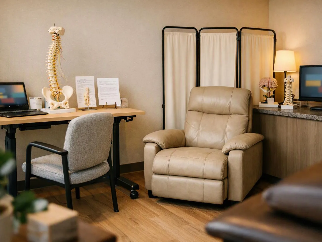 A medical office shows a desk, skeleton models, a recliner, and a lamp beside a privacy screen