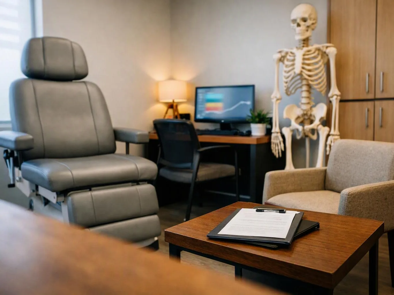 A medical office shows an exam chair, skeleton model, desk, lamp, and waiting chair