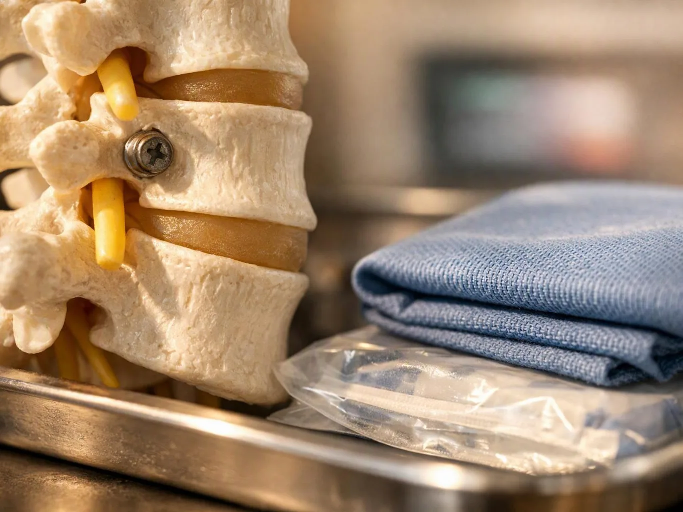 A medical spine model sits beside folded blue cloth and a sealed pack on a metal tray