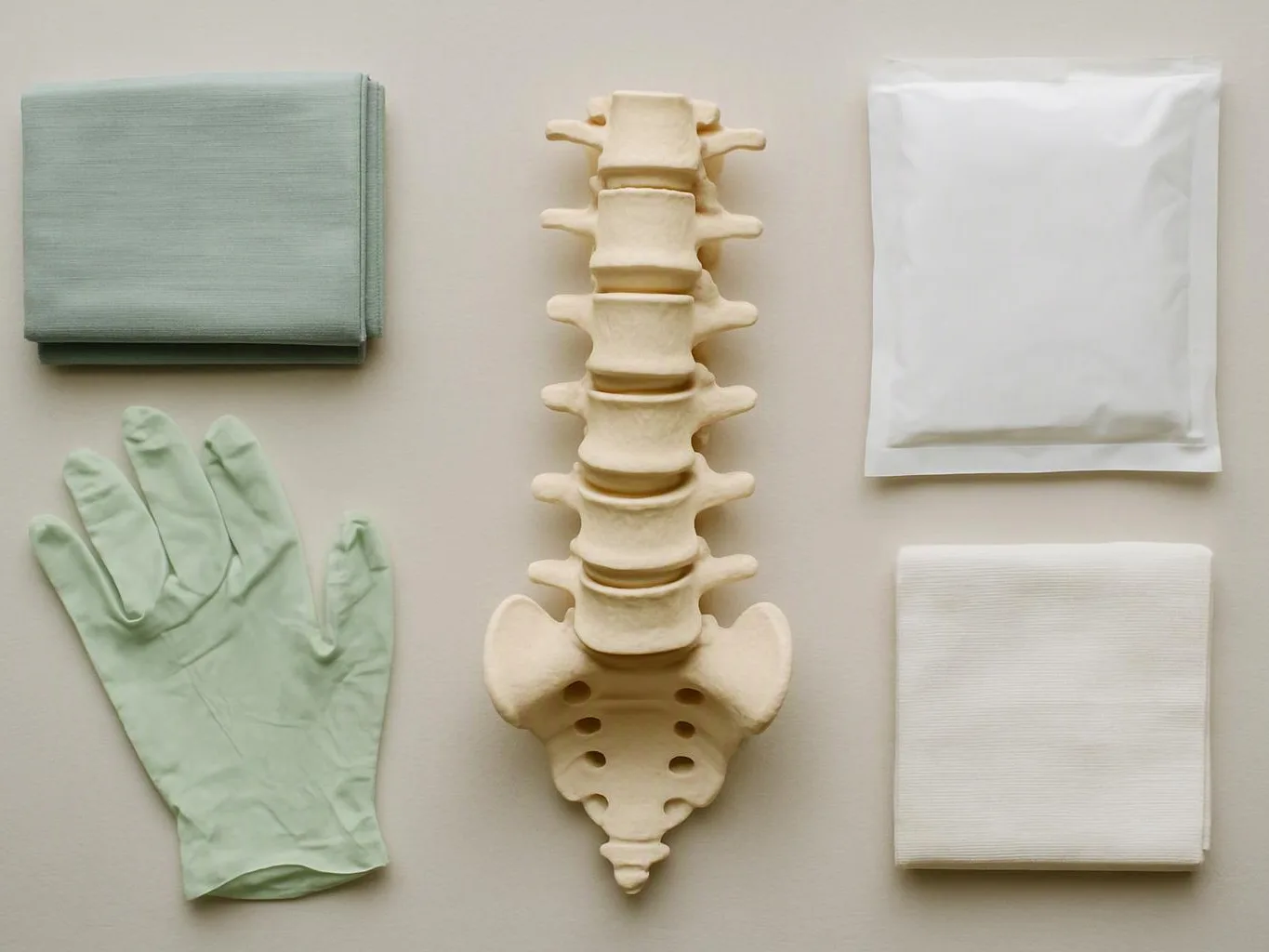 Medical supplies arranged around a plastic spine model on a plain surface