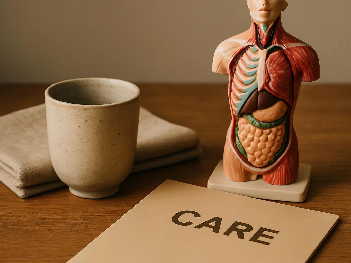 A medical torso model stands beside a plain cup, folded cloth, and a card labeled "CARE" on a wooden table