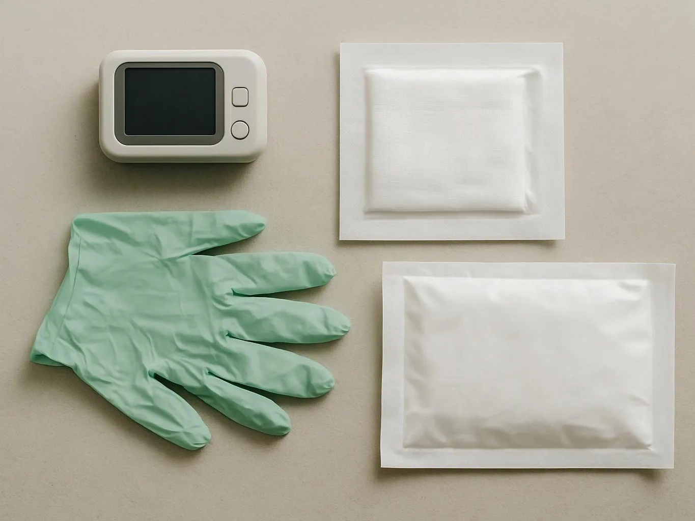 A mint green glove, a small wall thermostat, and two sealed white pouches sit on a beige surface