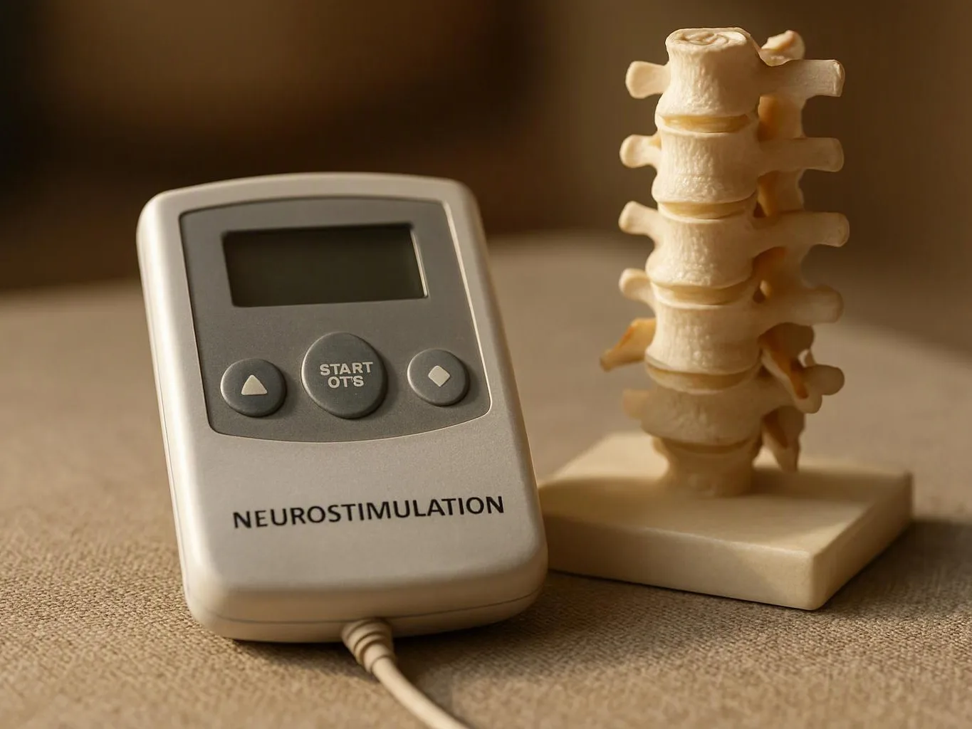 A neurostimulation device sits beside a spine model on a beige surface with warm lighting