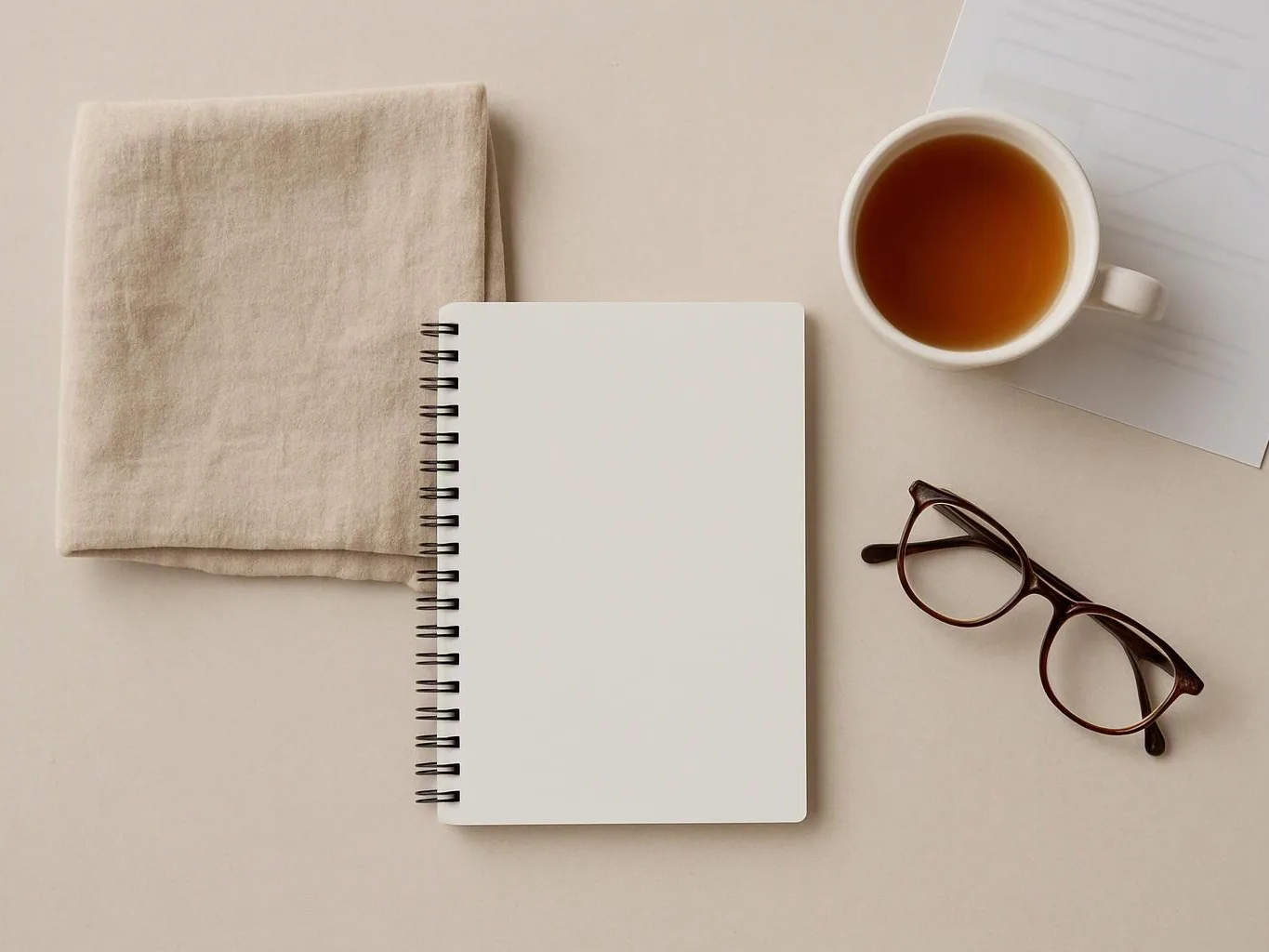 A notebook, folded cloth, eyeglasses, and a cup of tea rest on a beige desk