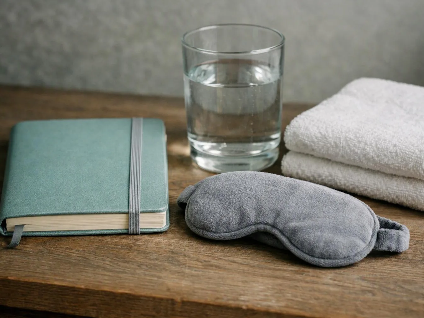 A notebook, glass of water, folded towels, and a gray sleep mask rest on a wooden table