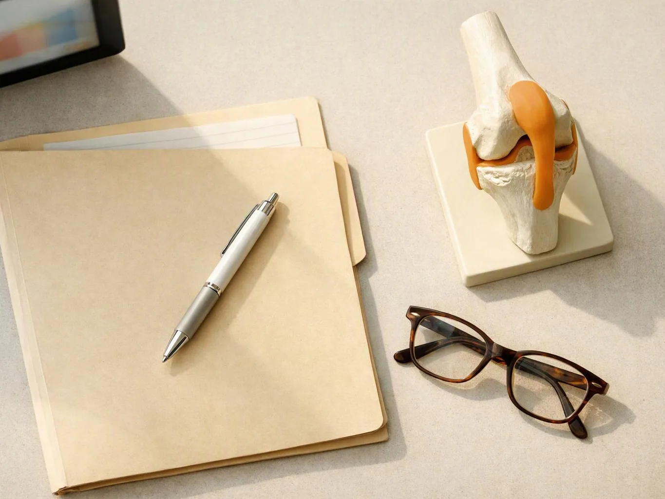A notebook with a silver pen, eyeglasses, and a knee joint model sit on a light desk