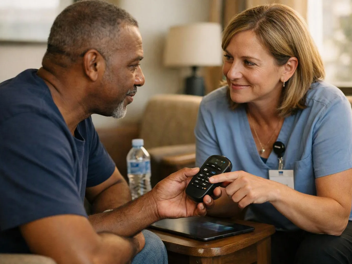A nurse in blue scrubs points at a remote while talking with a seated man in a living room