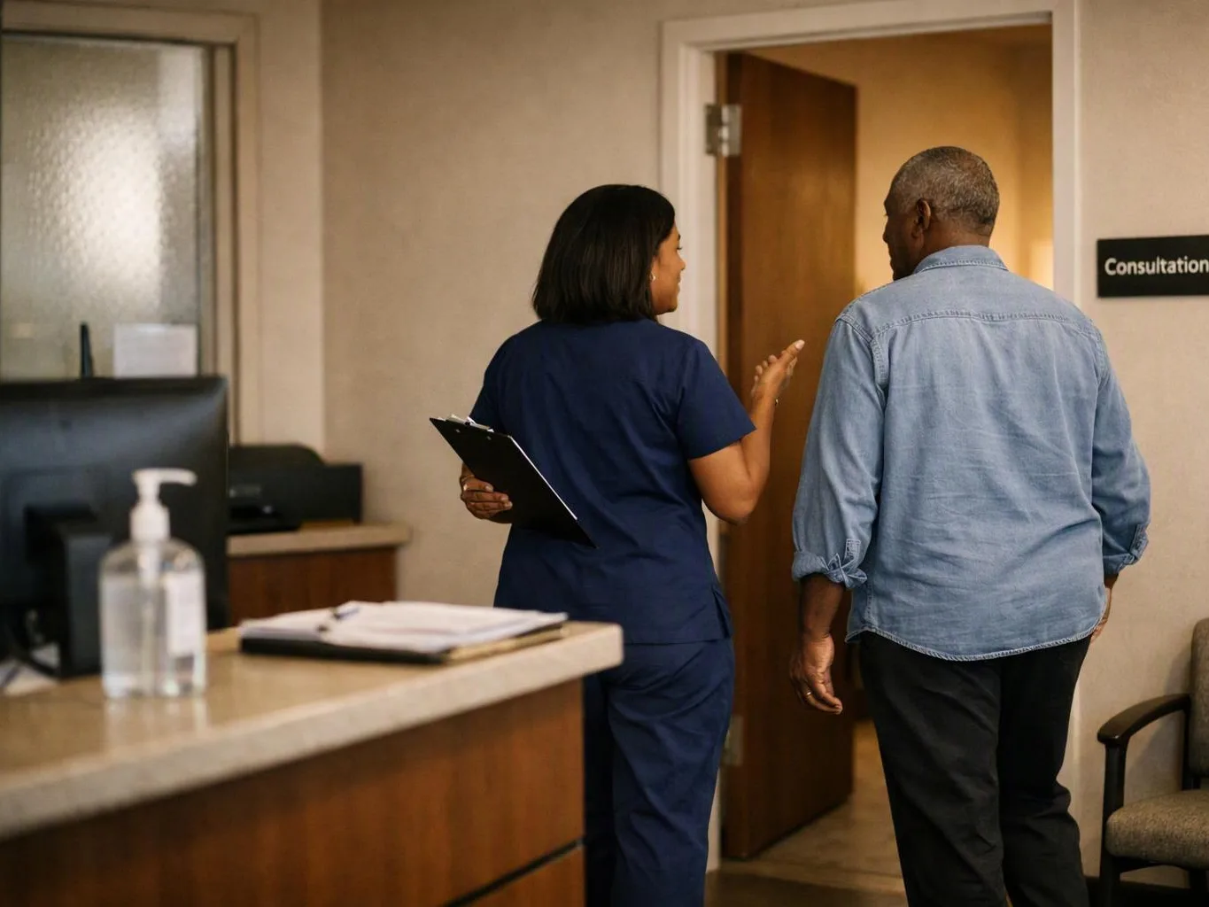 A nurse in blue scrubs speaks with a man near a consultation room doorway in a clinic reception area