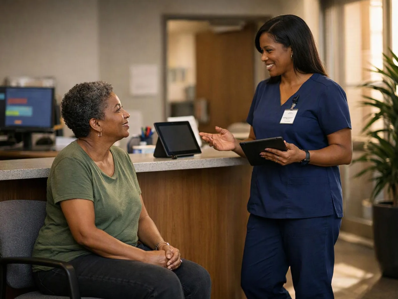 A nurse in blue scrubs talks with a seated woman at a clinic reception desk