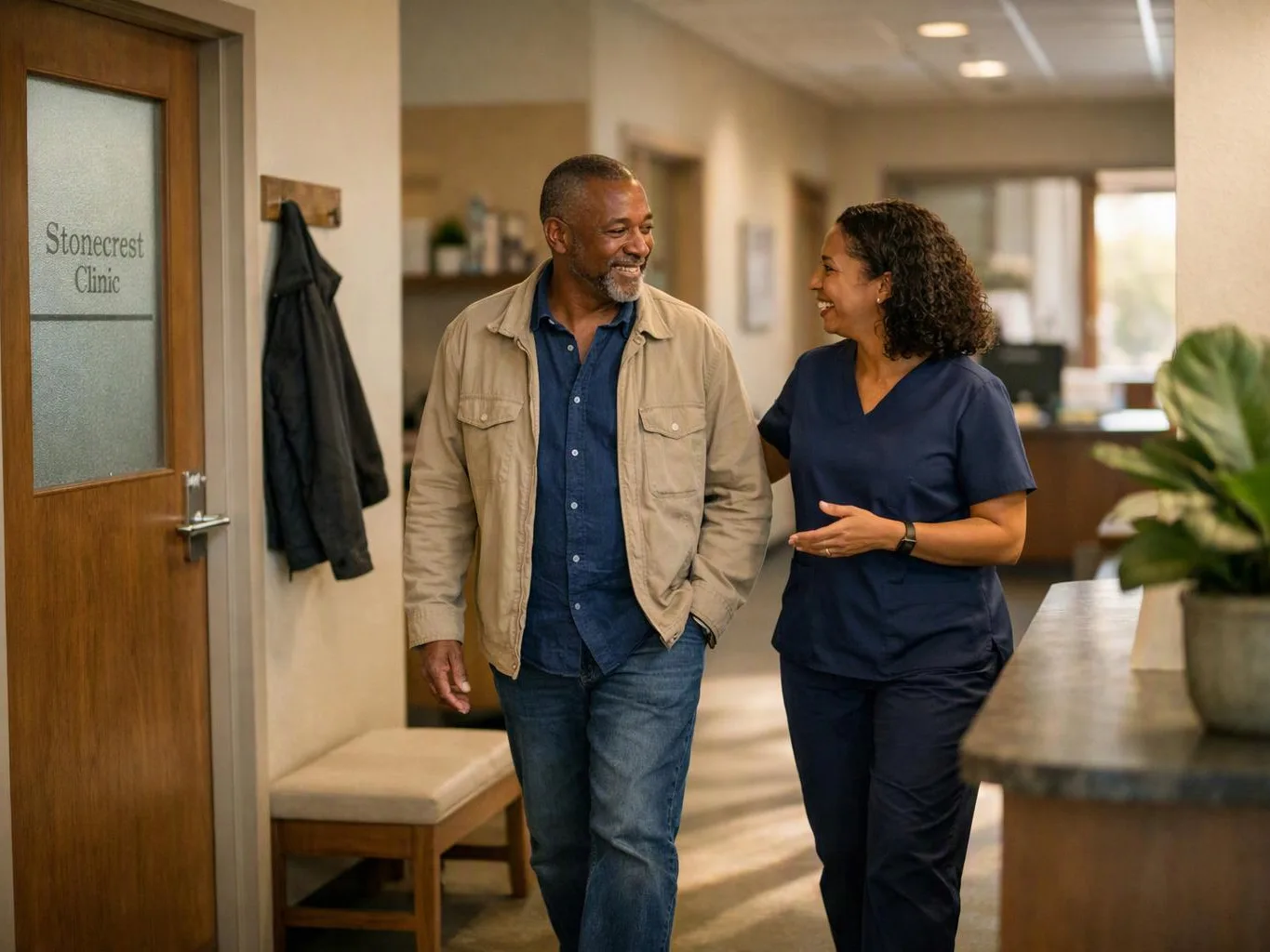 A nurse in navy scrubs walks and talks with a smiling man in a clinic hallway