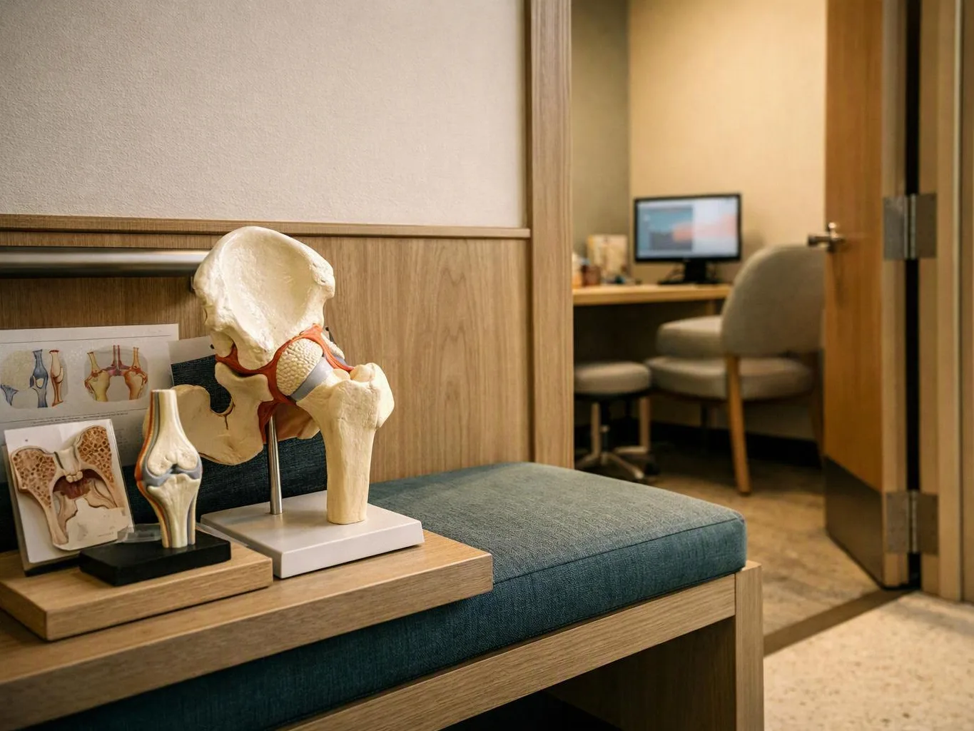 An office waiting area shows knee and hip anatomy models on a bench beside an open doorway to a desk room