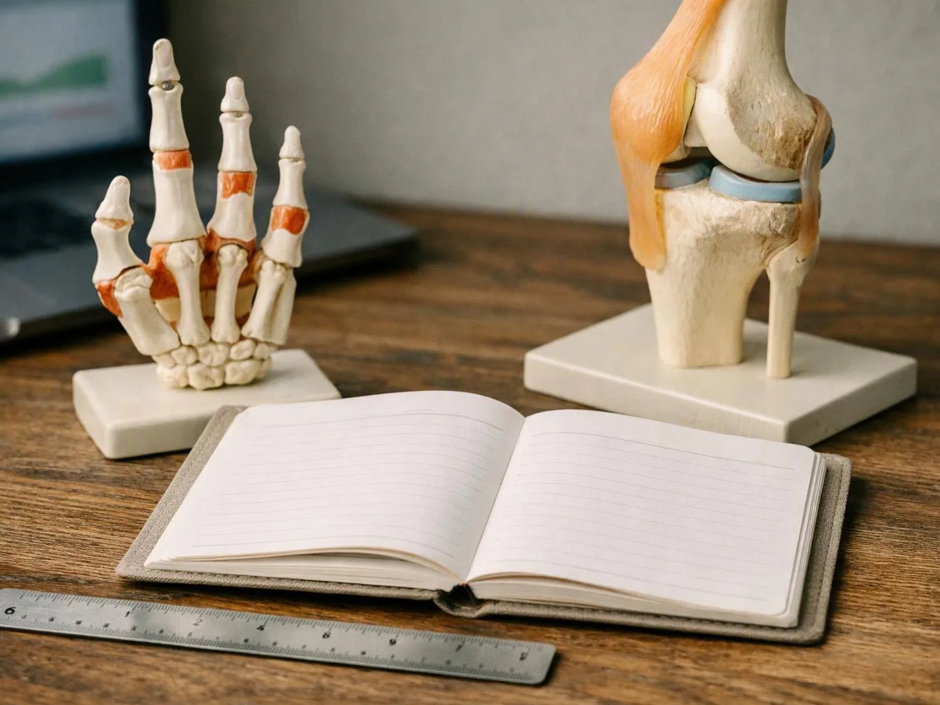 An open notebook sits between a hand bone model and a knee joint model on a wooden desk
