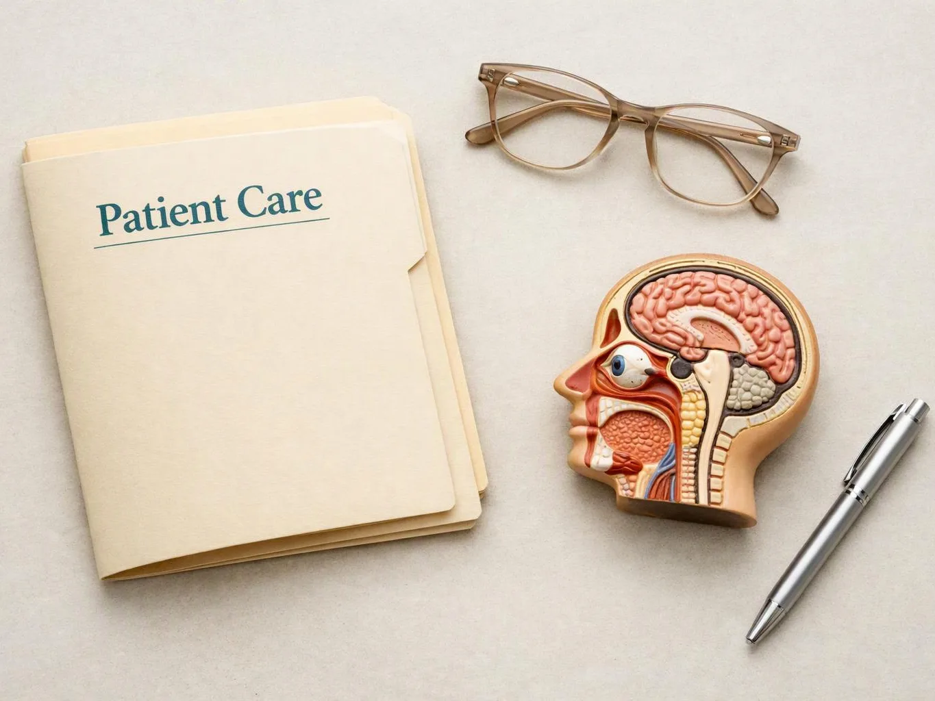 A patient care folder sits beside eyeglasses, a brain anatomy model, and a silver pen on a light surface