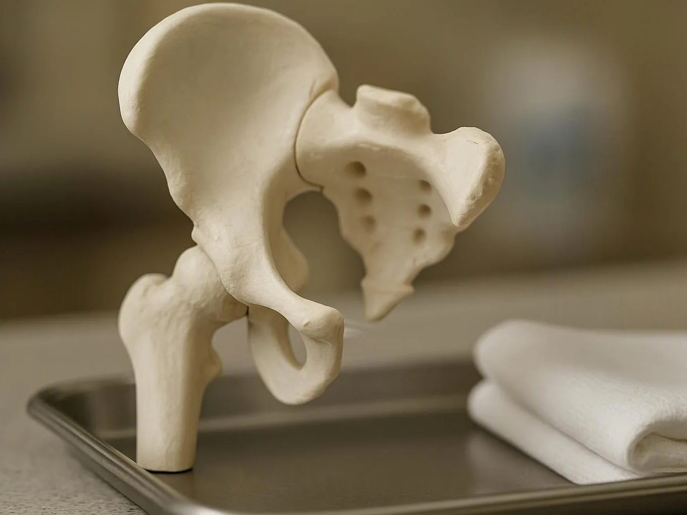 A pelvis bone model stands on a metal tray beside folded white cloth on a countertop
