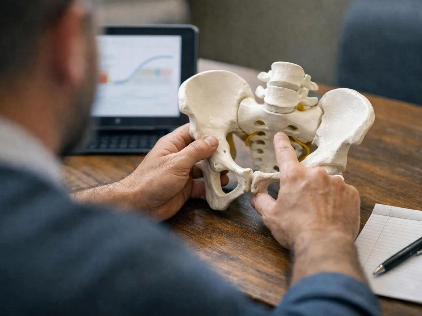 A person examines a pelvis model at a desk with a laptop and notebook nearby