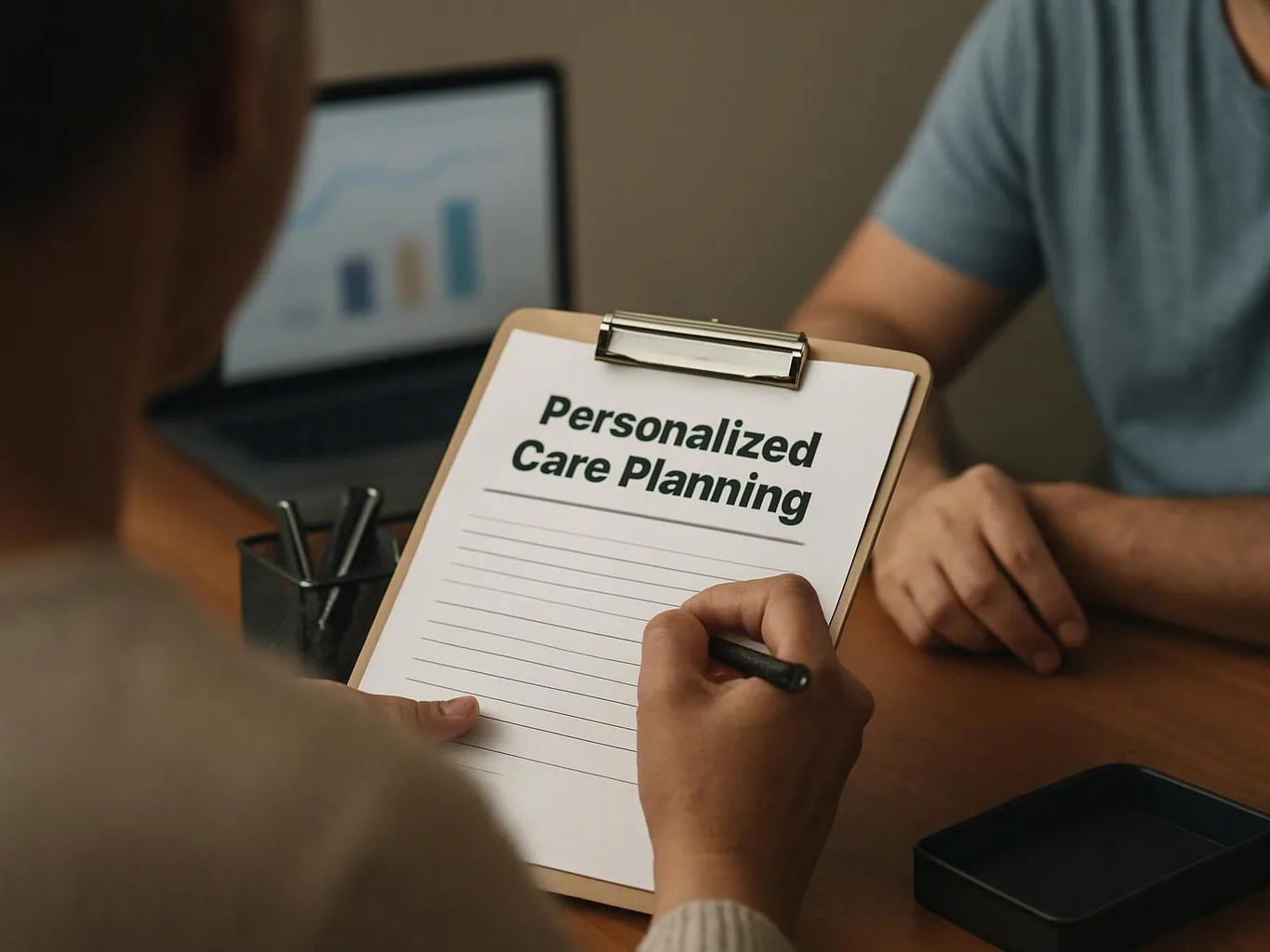 A person fills out a clipboard form titled Personalized Care Planning at a desk with another person nearby