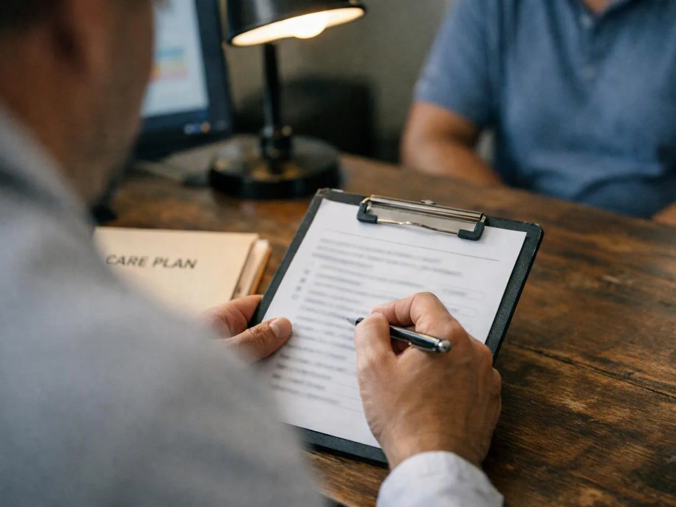 A person fills out a clipboard form at a wooden desk while another sits across under a desk lamp
