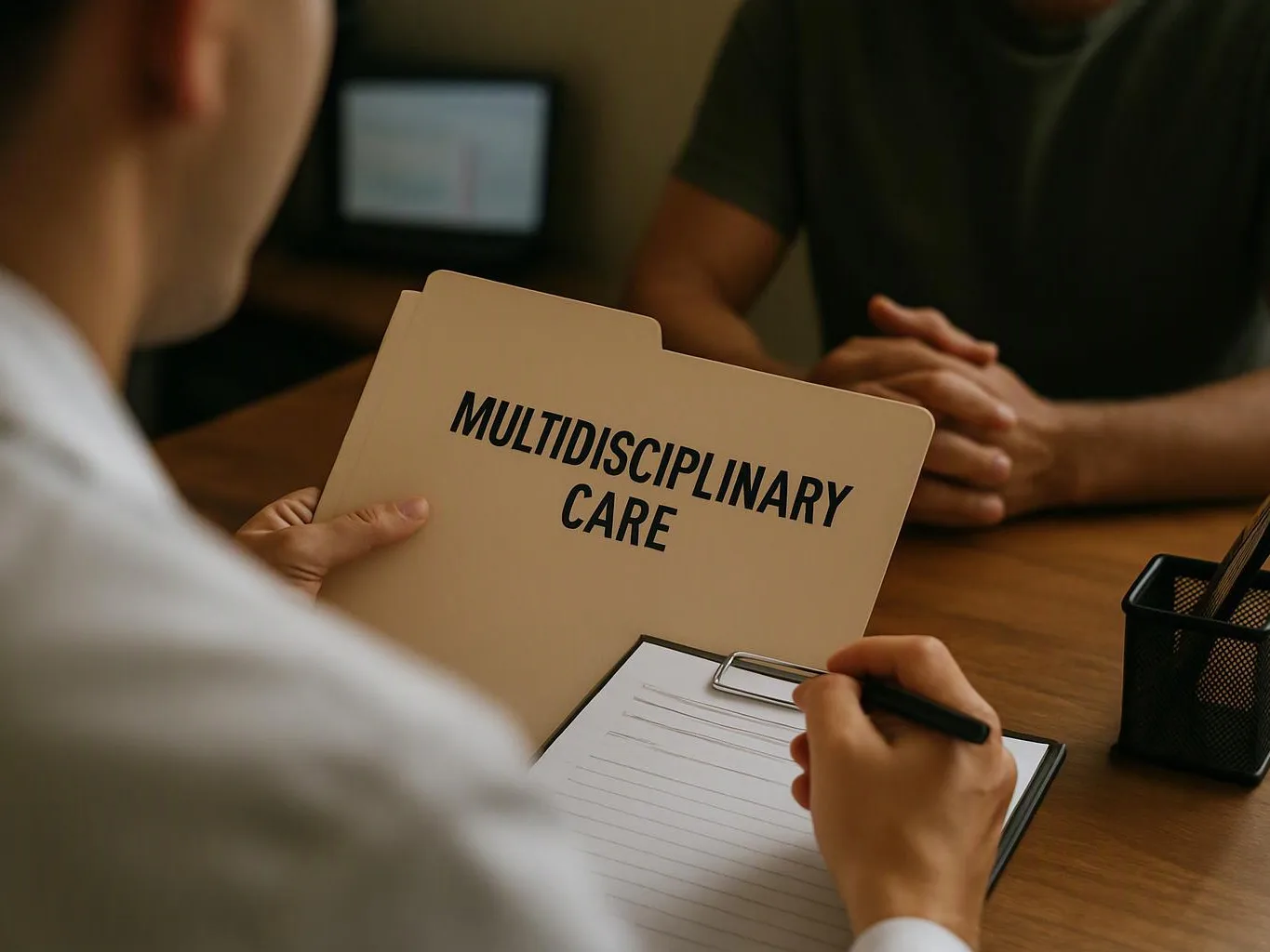 A person holds a folder labeled “MULTIDISCIPLINARY CARE” while writing on a clipboard across a desk