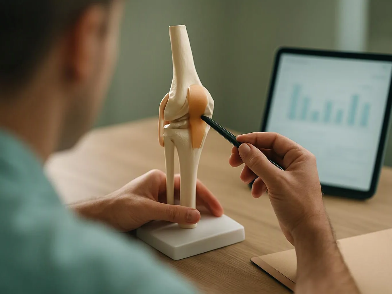 A person points to a knee joint model on a desk beside a blurred tablet screen
