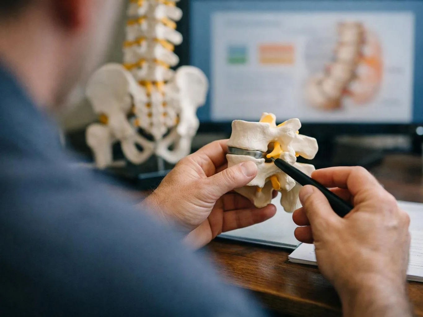 A person points at a spine model while holding another vertebra model at a desk with a computer screen behind it