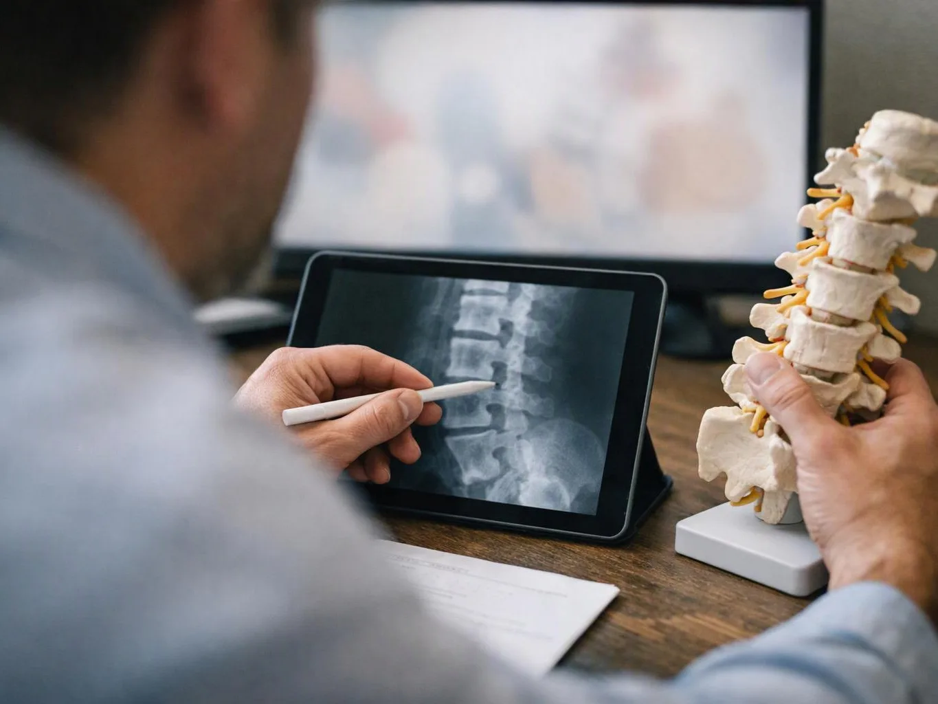 A person points at a spine X-ray on a tablet beside a vertebrae model on a desk