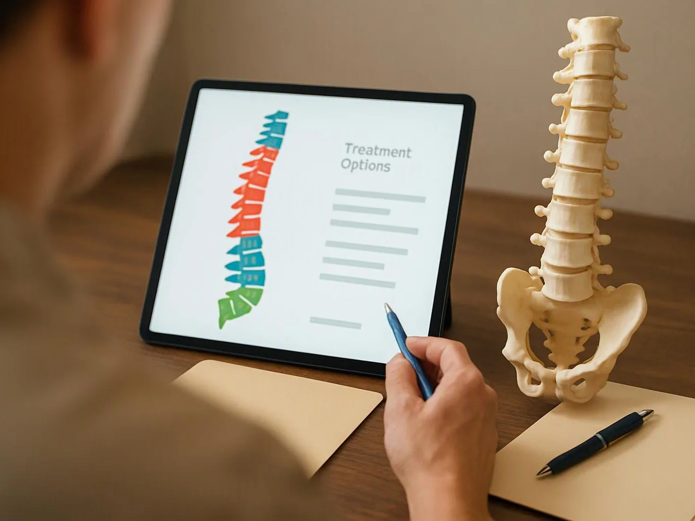 A person points at a tablet showing a spine graphic and treatment options beside a vertebra model on a desk