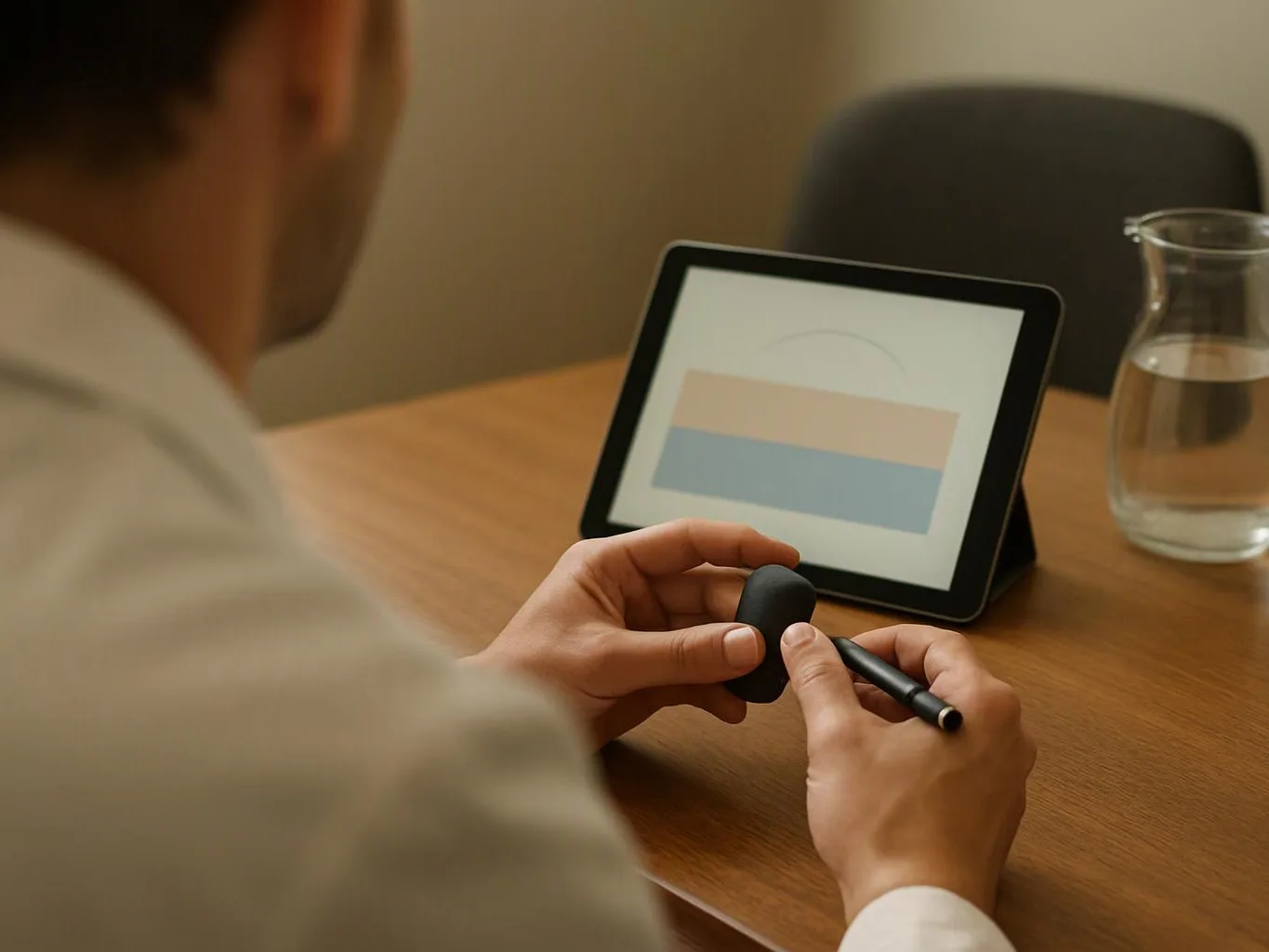 A person sits at a wooden table, holding a stylus and small device while a tablet shows a simple chart