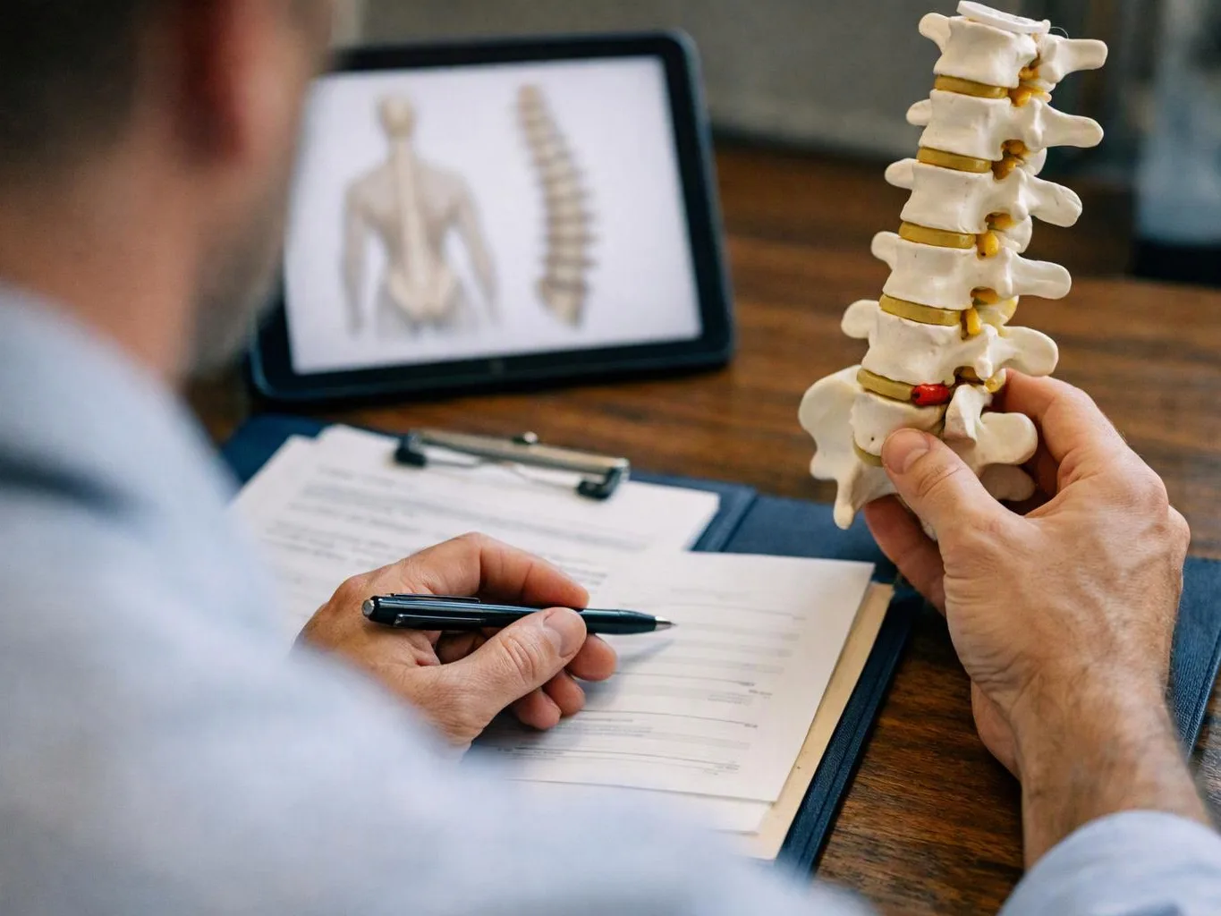 A person studies a spine model and fills out paperwork beside a tablet showing a back diagram