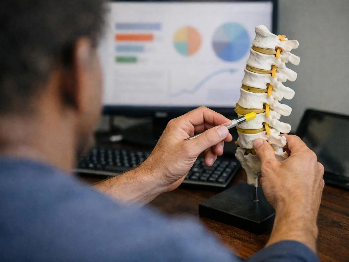 A person studies a spine model with a pen at a desk, with charts on a blurred computer screen behind them
