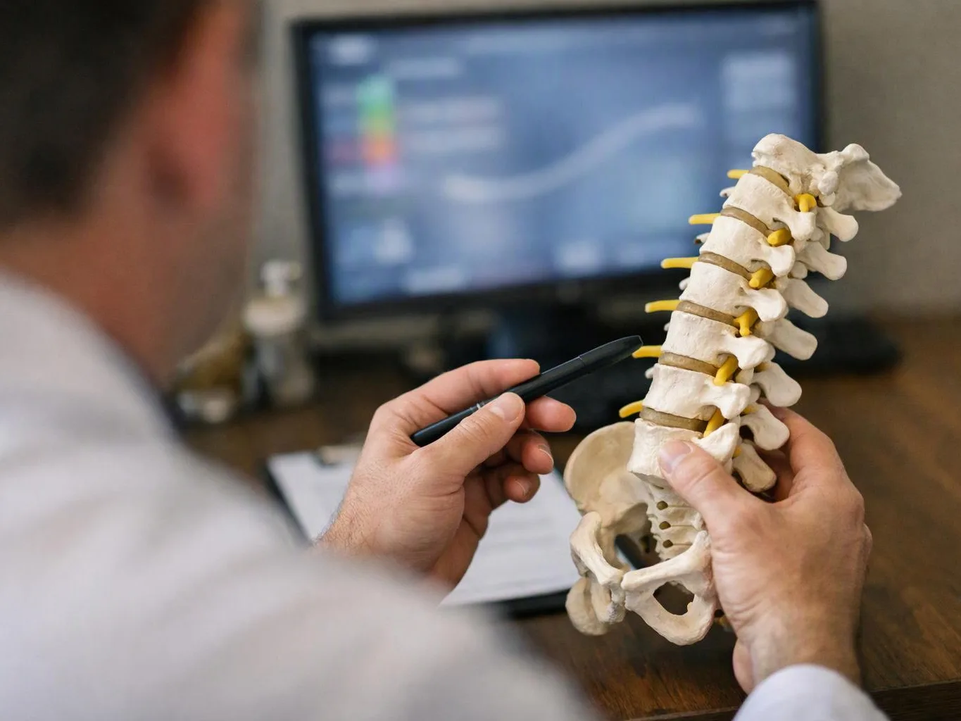 A person studies a spine model with a pen at a desk in front of a computer screen